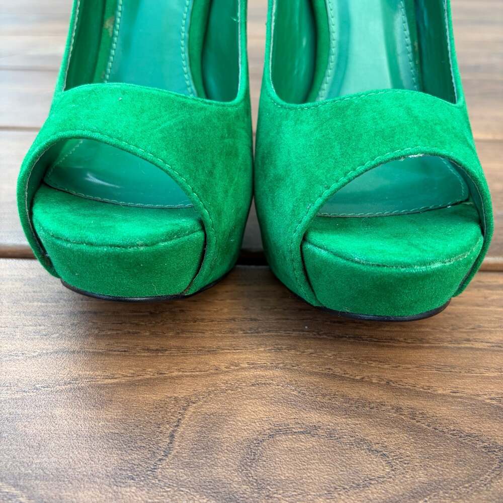 New Y2K Qupid Peep Toe Platform Stiletto Faux Suede Pumps Green Size 8.5 - Picture 7 of 13